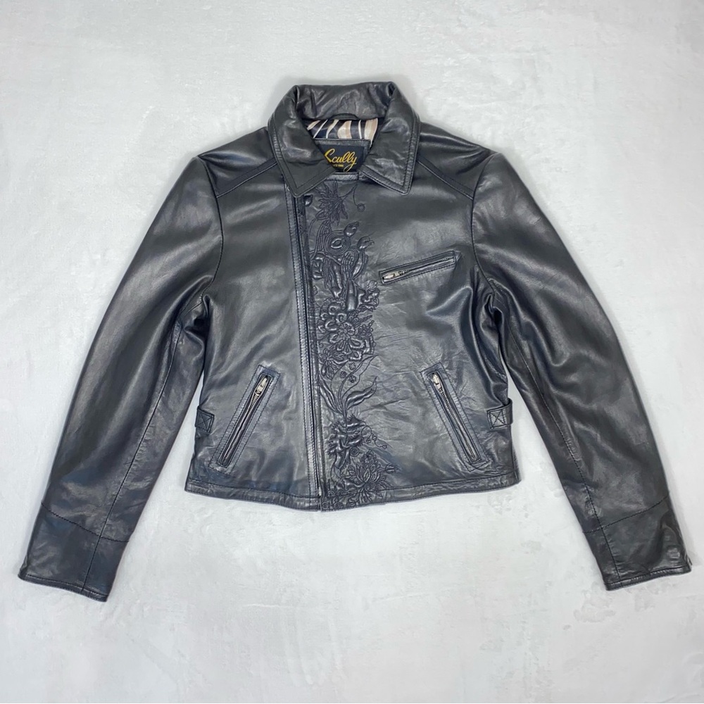 SCULLY Women's Black Lamb Leather Jacket sz MEDIUM Moto Biker Embroidery Zip-up